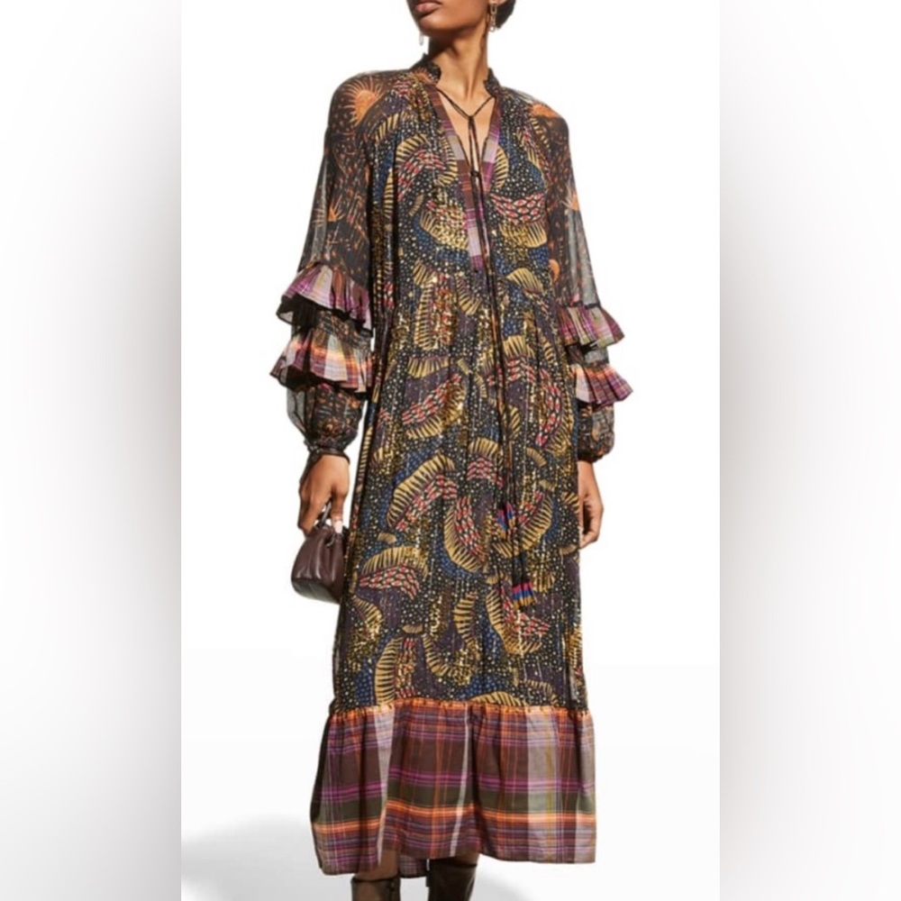Farm Rio Black Wild Bananas Plaid Maxi Dress Size Small